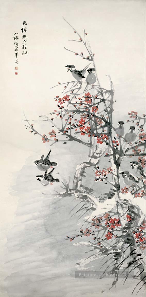 Ren fleur de prunier et sparrows chinois traditionnel Peintures à l'huile